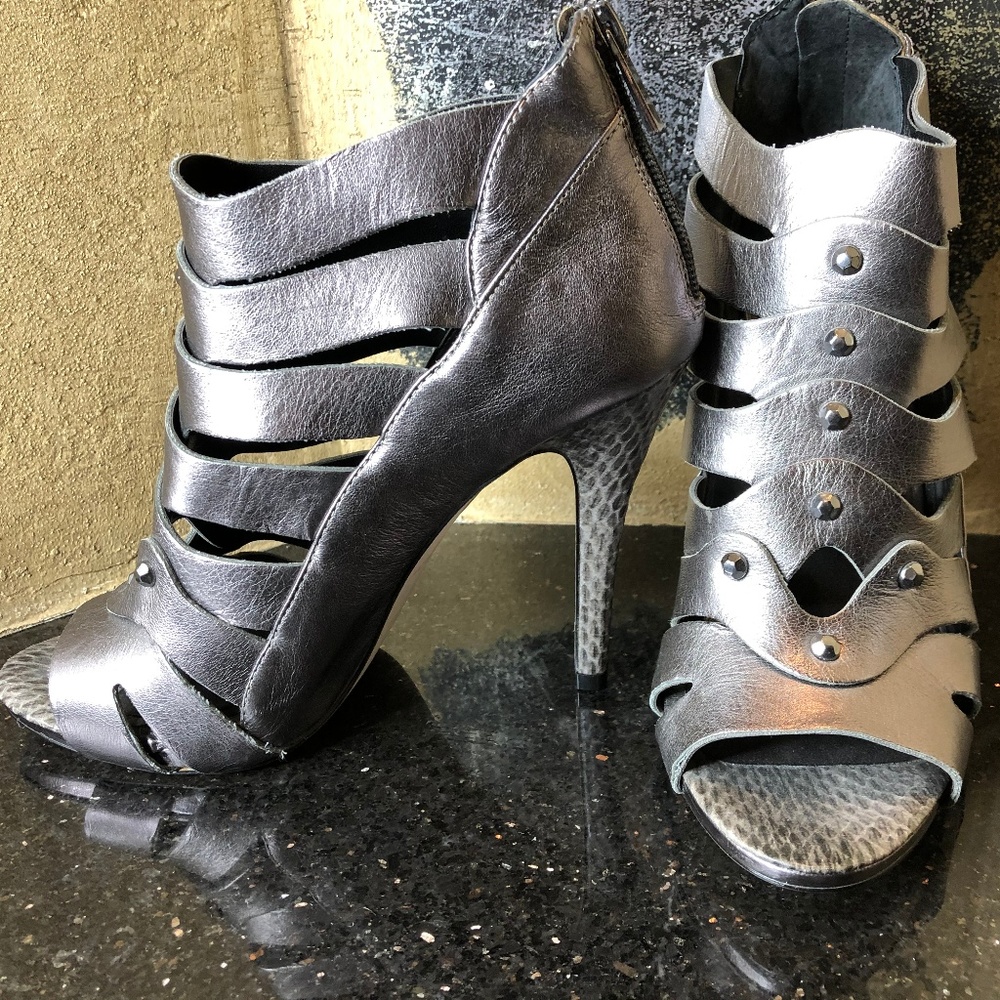 Pewter caged heel with snakeskin pattern heel